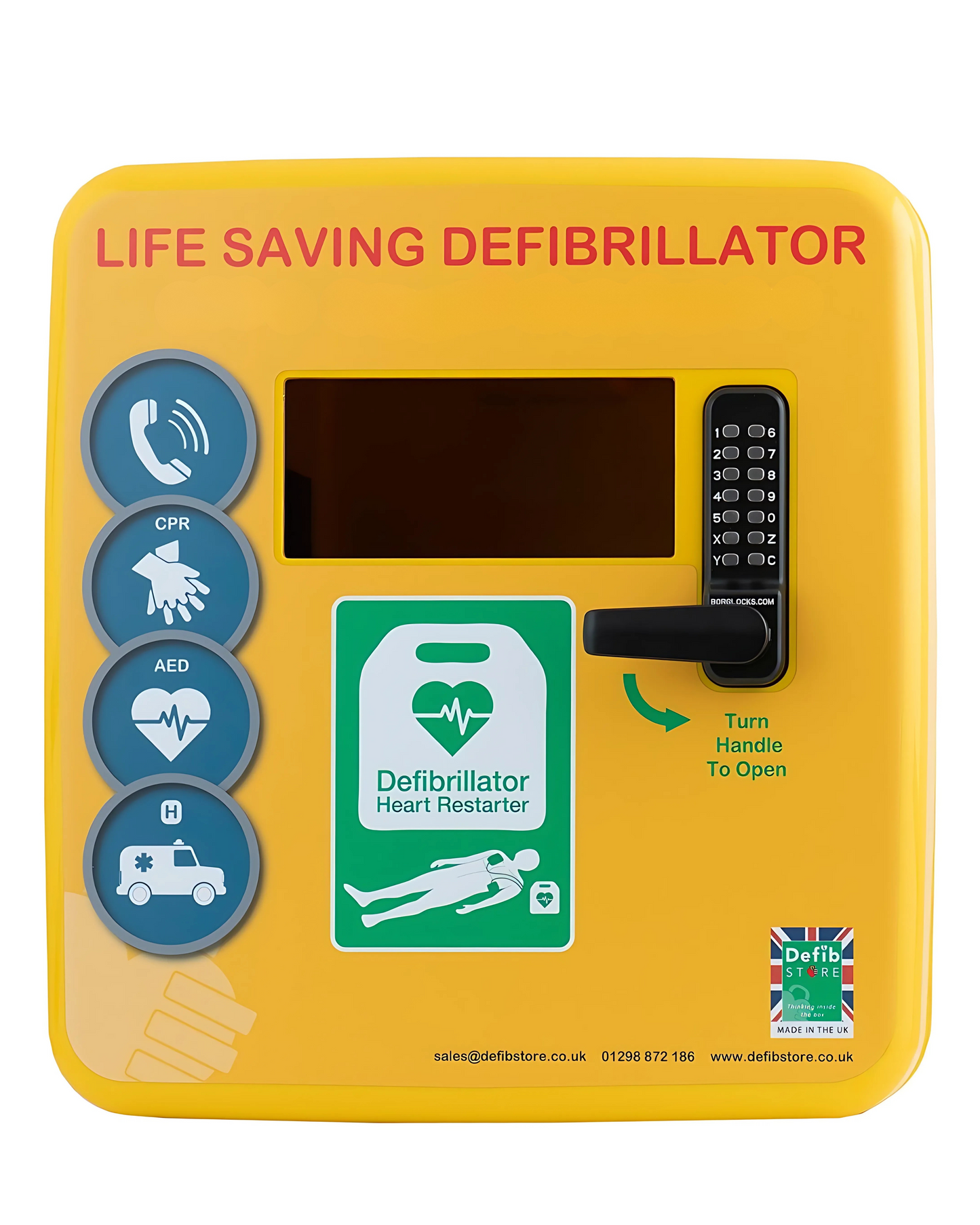 Outdoor AED Cabinet - Keypad Lock - Heater and LED Light - Yellow