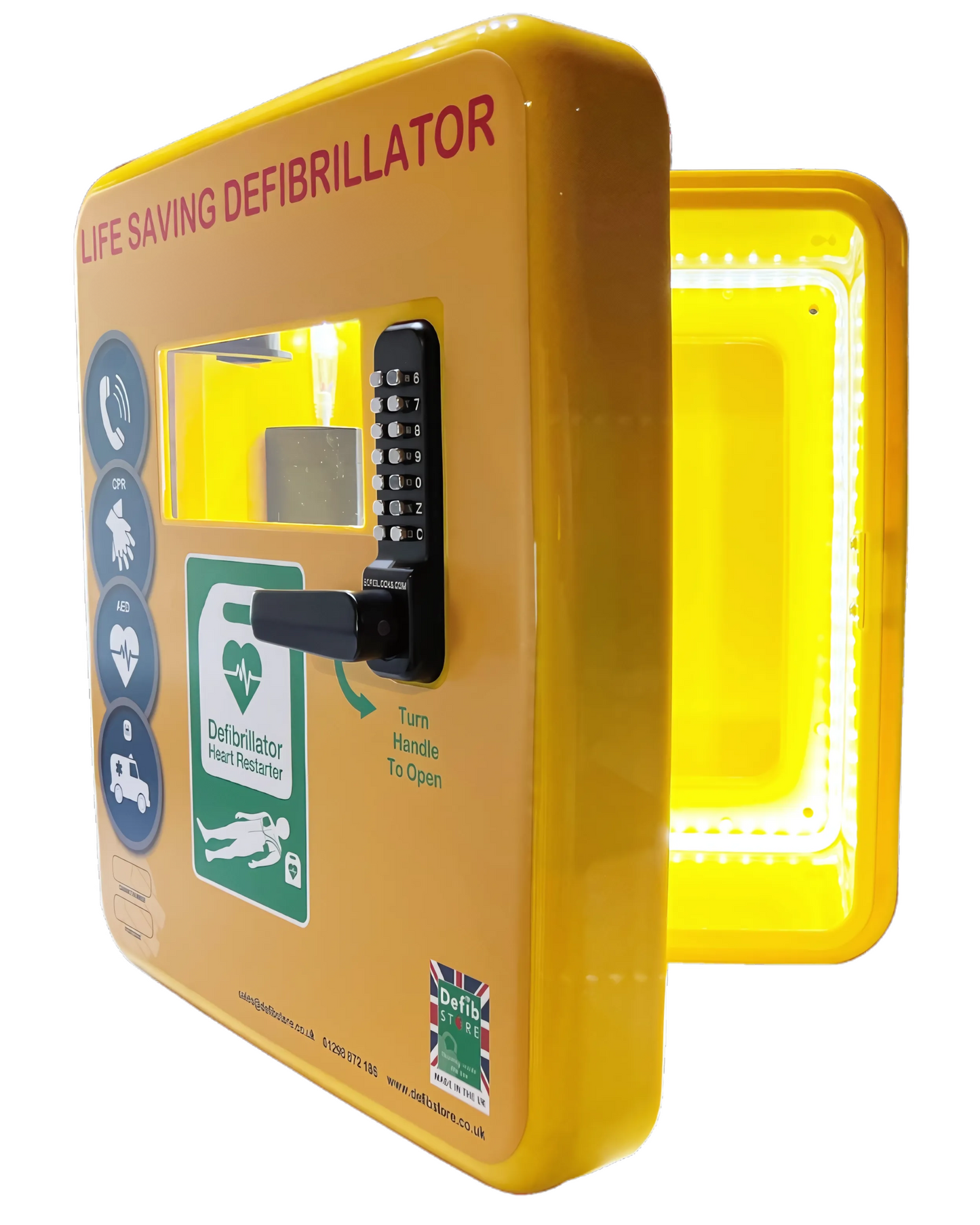 Outdoor AED Cabinet - Keypad Lock - Heater and LED Light - Yellow