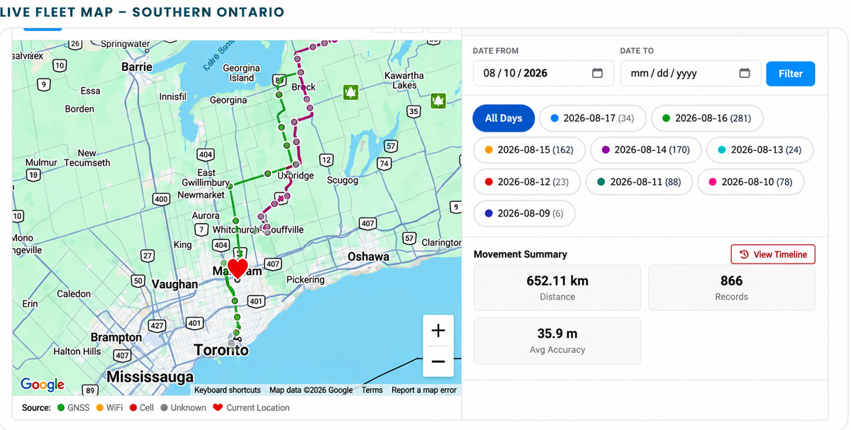 TrackMyAED live fleet map showing TAG AED location and movement history
