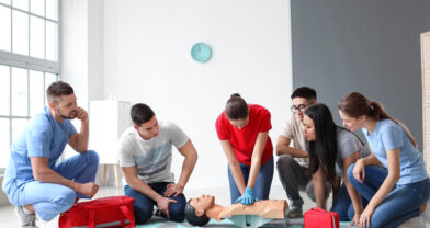 People, watching, instructor, doing, CPR, training